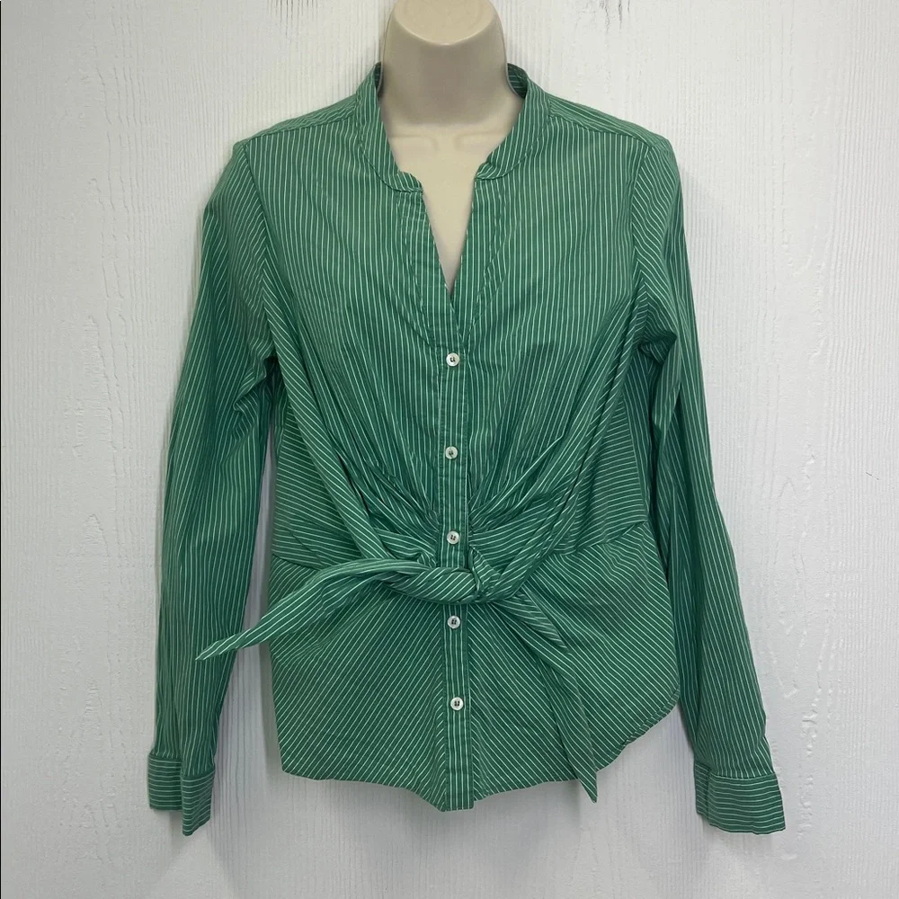 Anthropologie - Maeve Katherine Green And White Button Down Knotted Blouse SZ 8 - Picture 2 of 11
